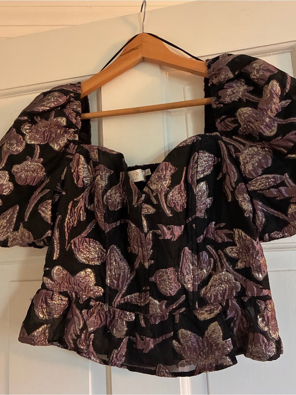 Astr Black Top with Metallic Lavender Floral Jacquard Puff Sleeves